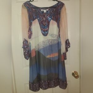 DVF Vail Sandscape Print Silk Colorful Sheer Long Sleeve Dress